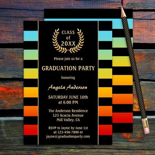 Festive Colorful Striped Afstuderen Invitation Kaart