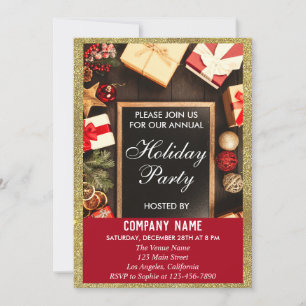 Festive Company Holiday Party Red & Gold Glitter Kaart