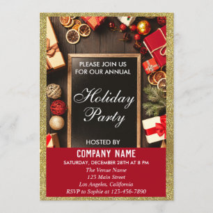 Festive Company Holiday Party Red & Gold Glitter Kaart
