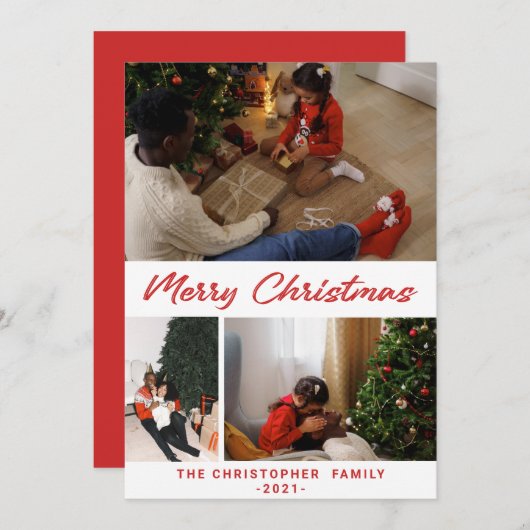 Festive Confetti Merry Kerstmis 3 Foto Collage H Feestdagenkaart (Voorkant / Achterkant)
