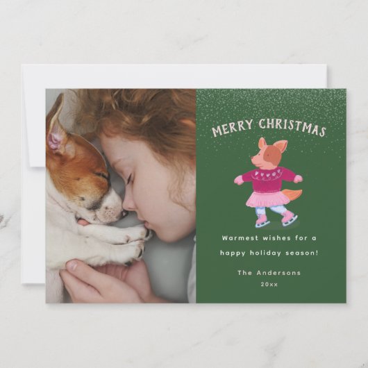 Festive Corgi Ice Skating Green Christmas Feestdagenkaart (Voorkant)