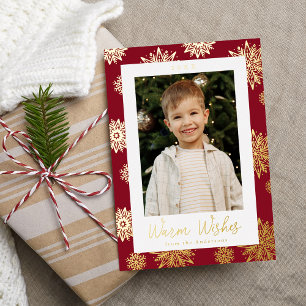 Festive Cranberry and Gold Snowflakes Foto Folie Feestdagenkaart