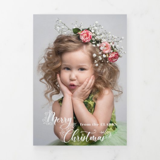 Festive Custom Merry Christmas Script Photo Drieluik Kaart (Cover)