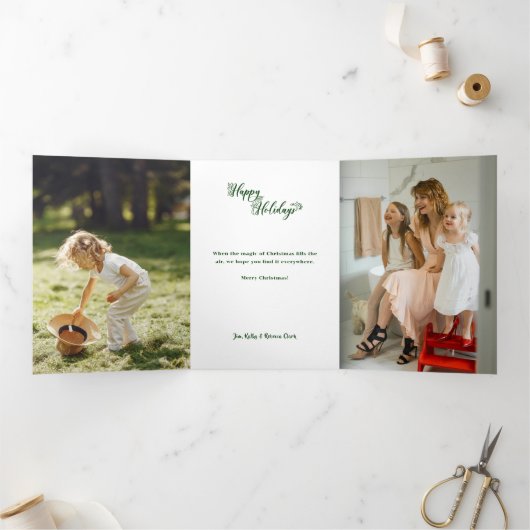 Festive Custom Merry Christmas Script Photo Drieluik Kaart (Binnen)