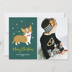Festive Cute Corgi Reindeer Merry-kerstfoto Feestdagenkaart