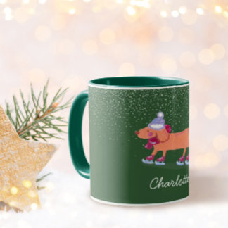 Festive Dachshund Dog Ice Skating Green Name Mug