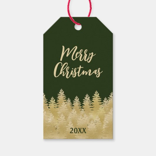 Festive Dark Green Gold Pine Trees Merry Kerstmis Cadeaulabel (Voorkant)