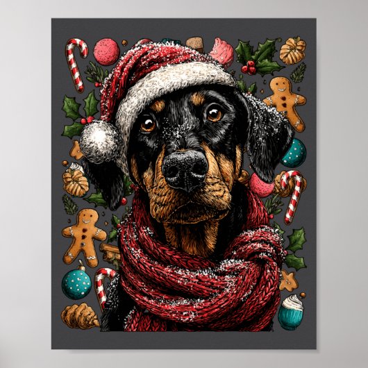 Festive Doberman With Santa Hat Snowy Winter Chris Poster (Voorkant)