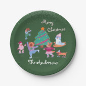 Festive Dog Ice Skating Name Green Christmas Party Papieren Bordje (Voorkant)