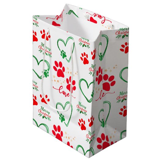 Festive DOG PAW PRINTS and LOVE HEARTS Christmas Medium Cadeauzakje (Voorkant Gekanteld)