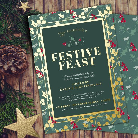 Festive Feast green Goudbesries Kerstdiner Folie Uitnodiging