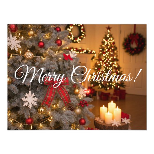 Festive fir trees decorated with garlands foto afdruk (Voorkant)