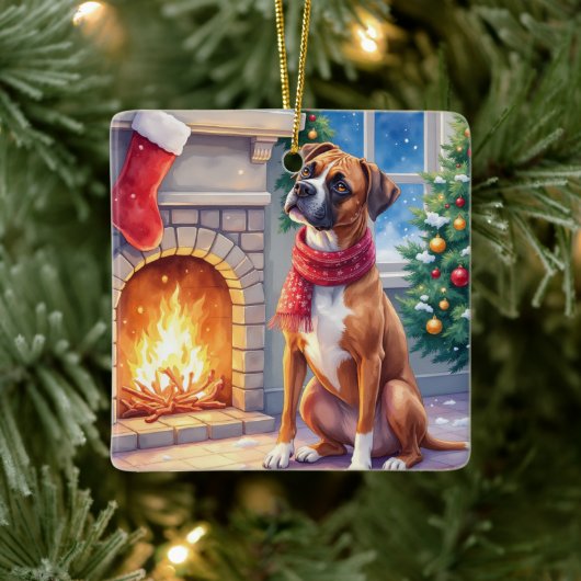 Festive Fireplace Boxer Christmas Art Keramisch Ornament (Boom)