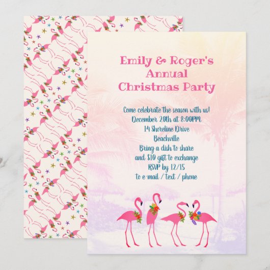 Festive Flamingos Holiday Party Uitnodiging (Voorkant / Achterkant)