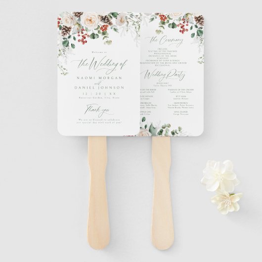 Festive Floral Holiday Winter Wedding Program Handwaaier (Voorkant en achterkant)