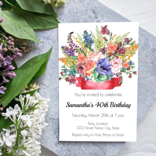 Festive Flower Birthday Invitation Kaart