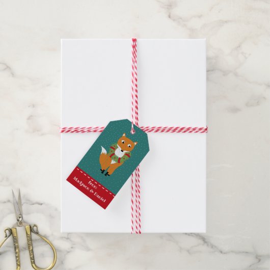 Festive Fox Wearing Kerstmis Wreath Personalized Cadeaulabel (Met Touw)