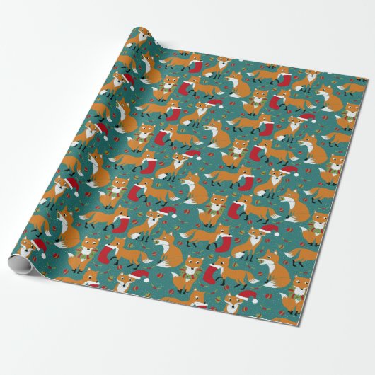 Festive Foxes Pattern Kerstmis Cadeaupapier (Uitgerold)