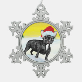 festive french bull dog tin sneeuwvlok ornament