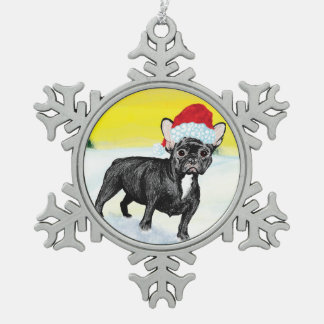 festive french bull dog tin sneeuwvlok ornament