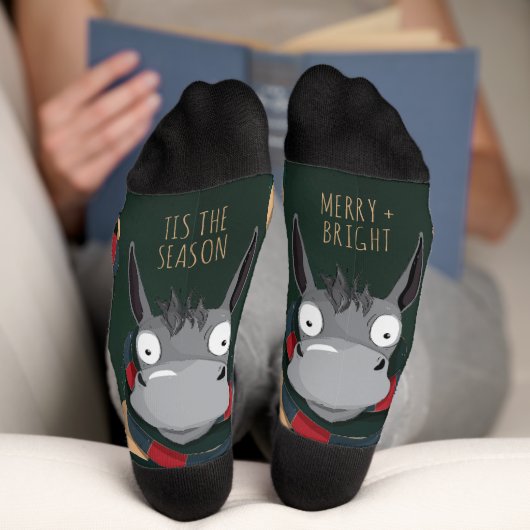 Festive Fun Winter Donkey Illustration Dark Green Sokken (Onderkant)