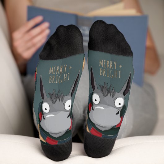 Festive Funny Cute Donkey Turquoise Grey Sokken (Onderkant)
