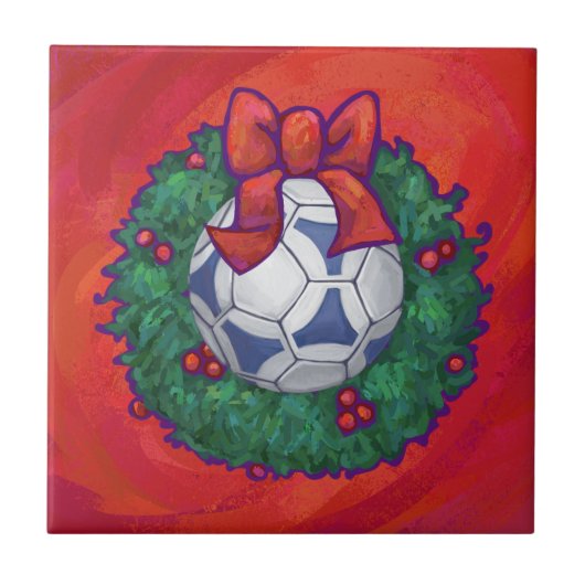 Festive Futbal in Wreath op Red Tegeltje (Voorkant)