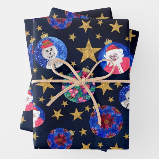 Festive Gold Glitter Stars Ornaments Waterverf Inpakpapier Vel (In situ)
