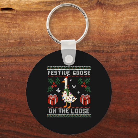 Festive Goose On The Loose Funny Ugly Sweater Chri Sleutelhanger (Voorkant)