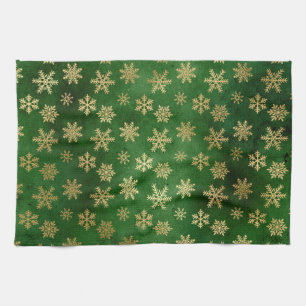 Festive Green and Gold Foil Winter Snowflakes Theedoek