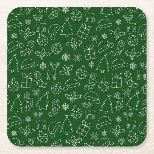 Festive Green and White Winter Kerstpattern Vierkante Kartonnen Onderzetter