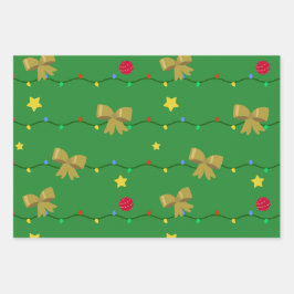Festive Green Christmas Lights & Gold Bows  Inpakpapier Vel