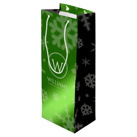 Festive Green Folie Snowflakes Monogram Naam Wijn Cadeautas (Achterkant Gekanteld)