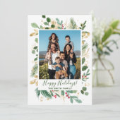 Festive Green Gold Foliage Pine Waterverf Floral Feestdagenkaart (Staand voorkant)