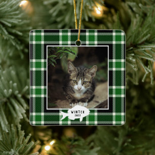 Festive Green Pset Cat Name Kerstmis Keramisch Ornament