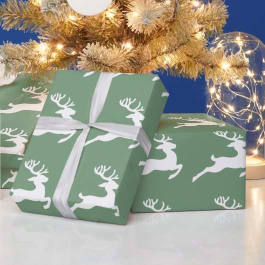 Festive Green White Deer Pattern Kerstmis Cadeaupapier (Feestdagen)