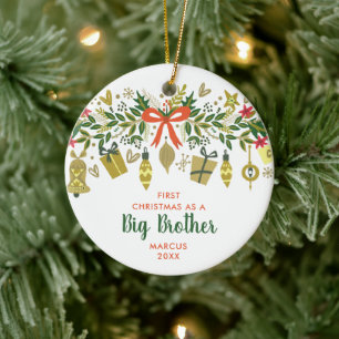 Festive Greenery Personalized 1st Xmas Big Brother Keramisch Ornament