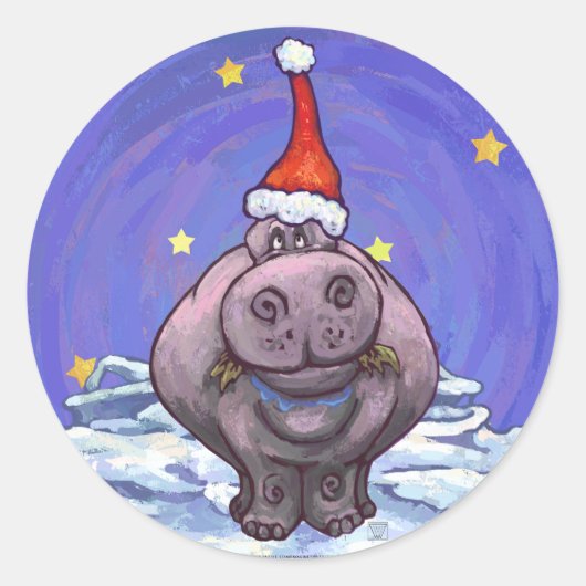 Festive Hippo Holiday Ronde Sticker (Voorkant)