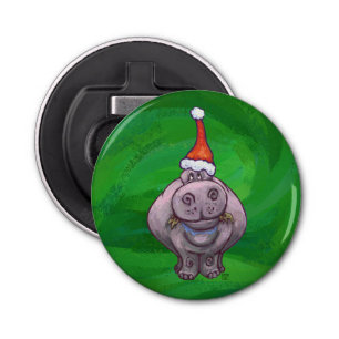 Festive Hippo on Green Button Flesopener