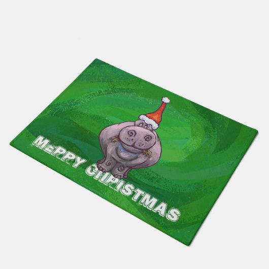 Festive Hippo on Green Deurmat (Schuin)