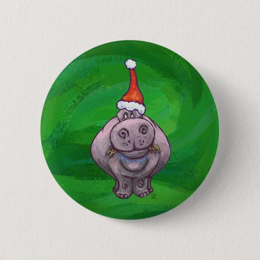 Festive Hippo on Green Ronde Button 5,7 Cm (Voorkant)