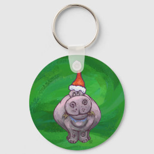 Festive Hippo on Green Sleutelhanger