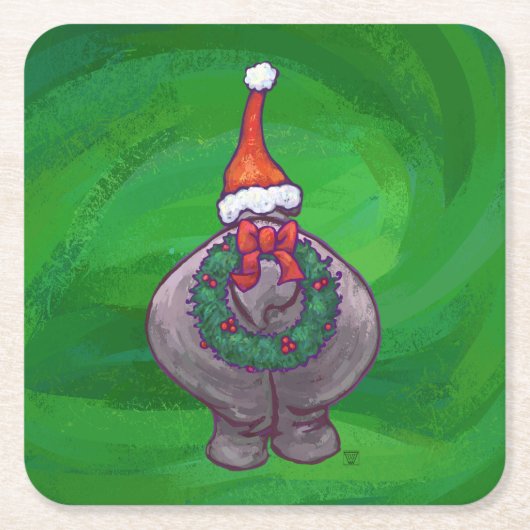 Festive Hippo on Green Vierkante Kartonnen Onderzetter (Voorkant)