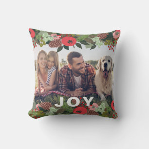 Festive Holiday Botanical Joy Type kerstfoto Kussen