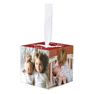 Festive Holiday Dachshund 4 Familie Foto's & Naam Kubus Ornament