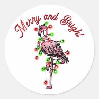 Festive holiday Flamingo  red green Xmas lights Ronde Sticker
