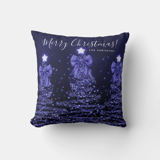 Festive Holiday Navy Christmas Trees Name  Kussen (Voorkant)