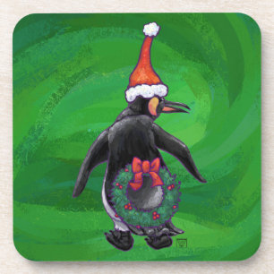 Festive Holiday Penguin on Green Drankjes Onderzetter