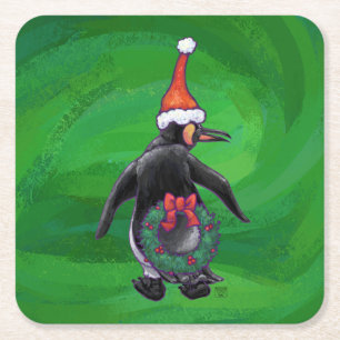 Festive Holiday Penguin on Green Vierkante Kartonnen Onderzetter
