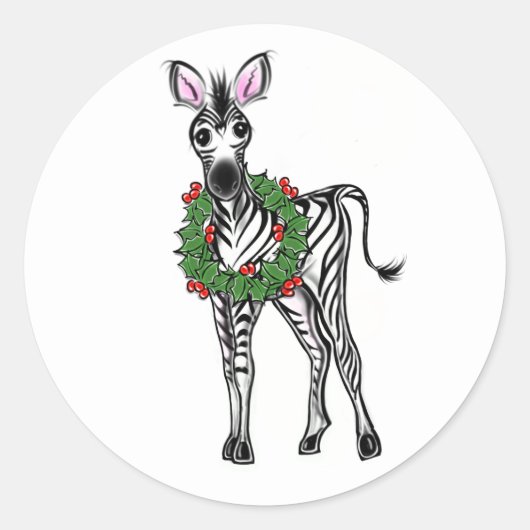Festive Holiday Zebra illustratie, Holly met adem Ronde Sticker (Voorkant)